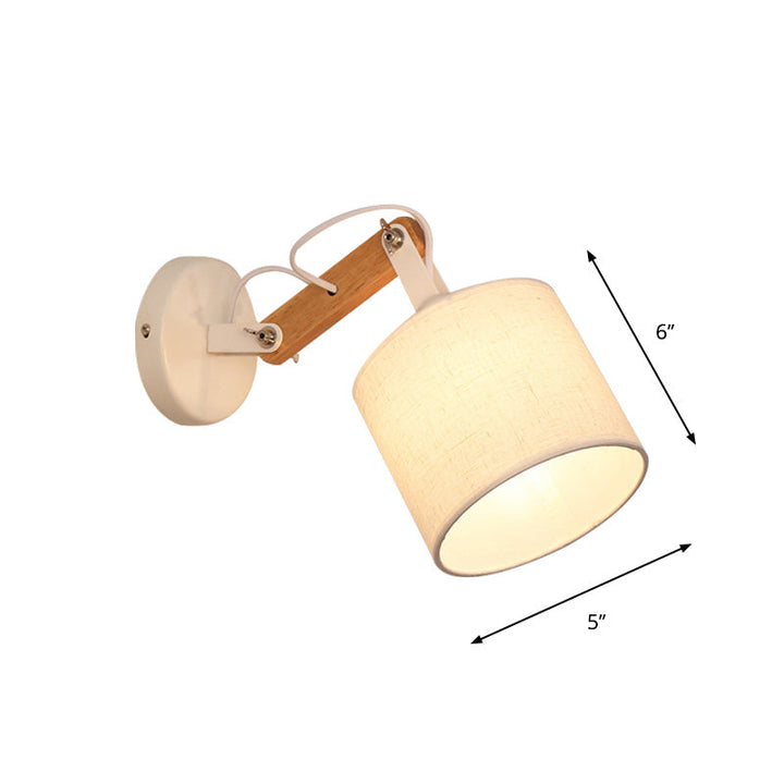 Lisslune | Fabric Cylinder Wall Mount Lighting Modernist 1 Bulb White Wall Lamp with Adjustable Wooden Arm