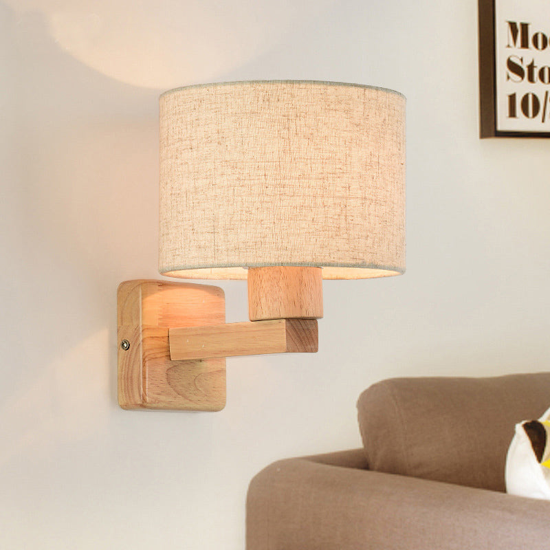 Skørter | Drum Bedroom Wall Lamp Light Fabric 1-Light Asian Style Wall Mount Lighting with Wooden Arm