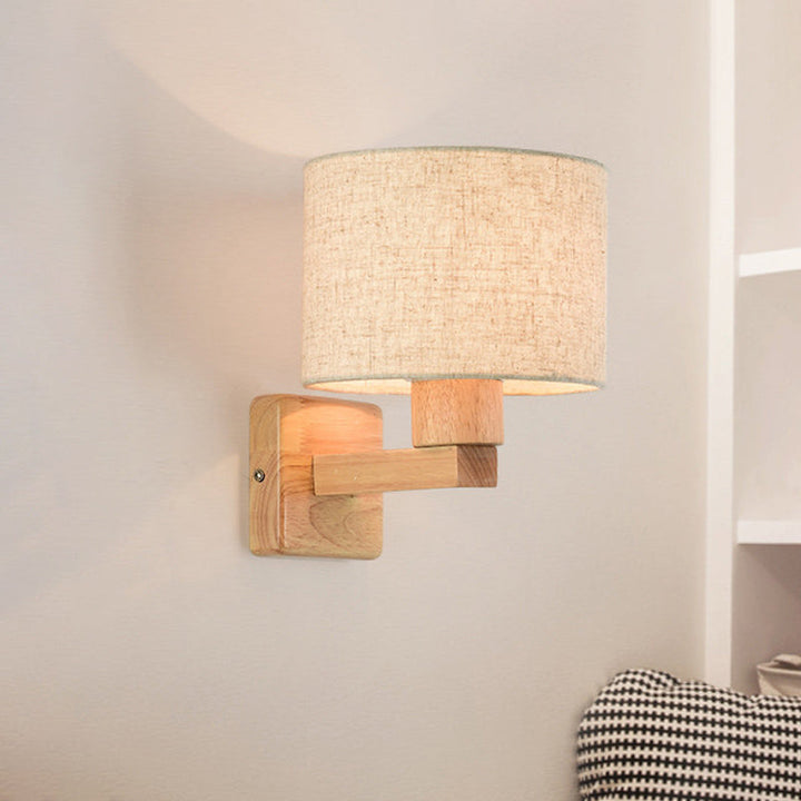 Skørter | Drum Bedroom Wall Lamp Light Fabric 1-Light Asian Style Wall Mount Lighting with Wooden Arm