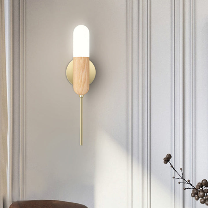 Lisslune | Capsule Shape Wall Lamp Modern Wood 1 Bulb Living Room LED Handle Wall Lamp Fixture