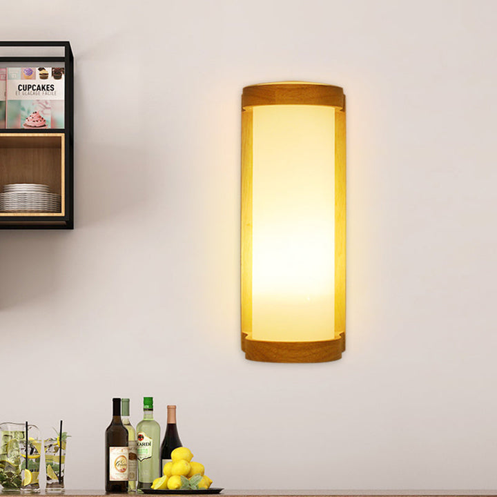 Skørter | Cylinder Cream Glass Wall Light Japanese Style 1 Light Wood Wall Lamp Fixture for Corner
