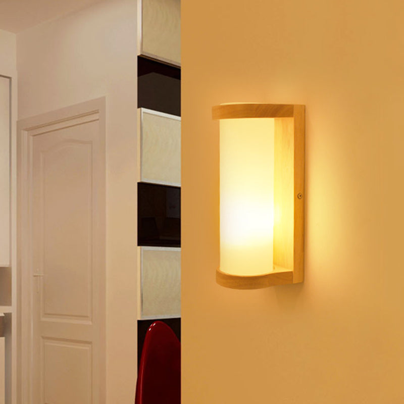 Skørter | Cylinder Cream Glass Wall Light Japanese Style 1 Light Wood Wall Lamp Fixture for Corner