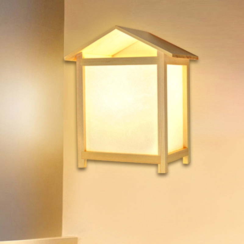 Skørter | Japanese style 1 light wall lamp with Parchmyn shade wooden house shape wall light