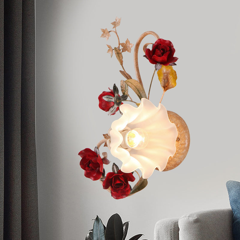 Skørter | 1 Bulb Flower Wall Lamp American Flower Red Brown Frosted White Glass Wall Light, Left/Right