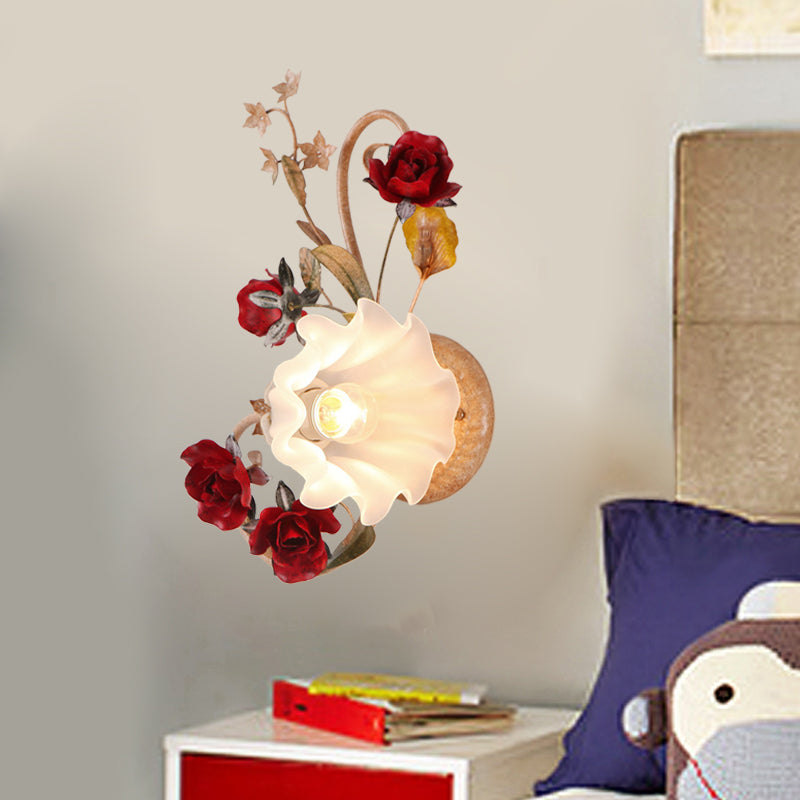 Skørter | 1 Bulb Flower Wall Lamp American Flower Red Brown Frosted White Glass Wall Light, Left/Right