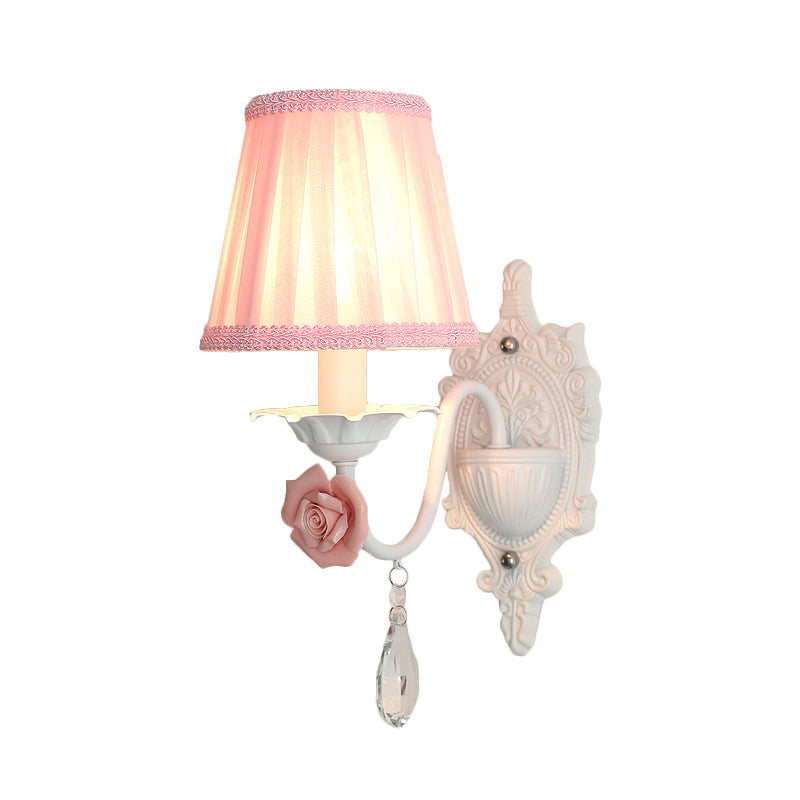 Skørter | 1/2-Head Pleated Fabric Wall Lighting Pastoral Pink/Blue Braided Edge Bed Lamp with Rose Decoration