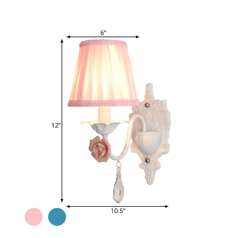 Skørter | 1/2-Head Pleated Fabric Wall Lighting Pastoral Pink/Blue Braided Edge Bed Lamp with Rose Decoration