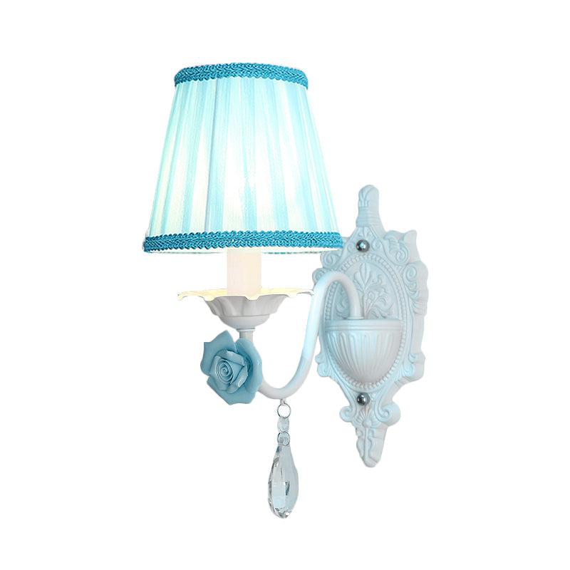 Skørter | 1/2-Head Pleated Fabric Wall Lighting Pastoral Pink/Blue Braided Edge Bed Lamp with Rose Decoration