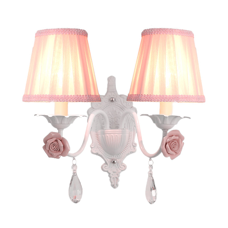 Skørter | 1/2-Head Pleated Fabric Wall Lighting Pastoral Pink/Blue Braided Edge Bed Lamp with Rose Decoration
