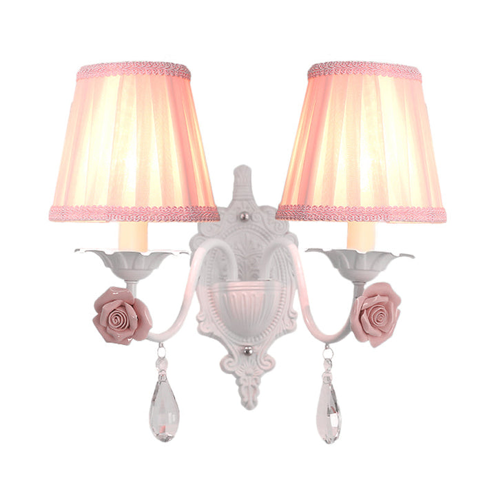 Skørter | 1/2-Head Pleated Fabric Wall Lighting Pastoral Pink/Blue Braided Edge Bed Lamp with Rose Decoration