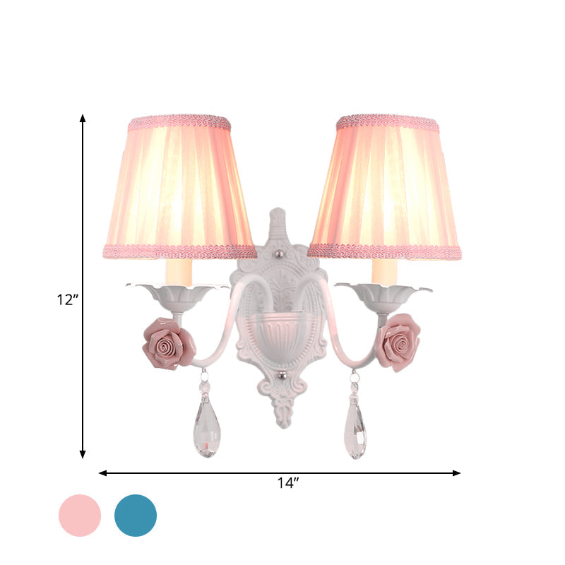Skørter | 1/2-Head Pleated Fabric Wall Lighting Pastoral Pink/Blue Braided Edge Bed Lamp with Rose Decoration