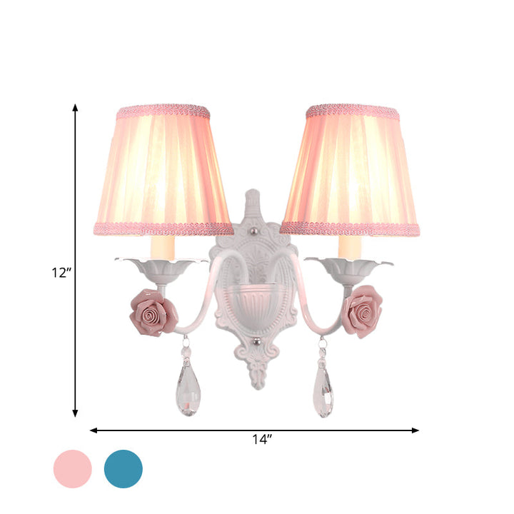 Skørter | 1/2-Head Pleated Fabric Wall Lighting Pastoral Pink/Blue Braided Edge Bed Lamp with Rose Decoration