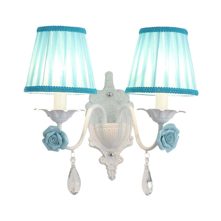Skørter | 1/2-Head Pleated Fabric Wall Lighting Pastoral Pink/Blue Braided Edge Bed Lamp with Rose Decoration