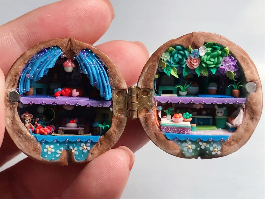 Lisslune | Handmade.Walnut Shell Doll House--Mini Library, Tiny World Inside Walnuts