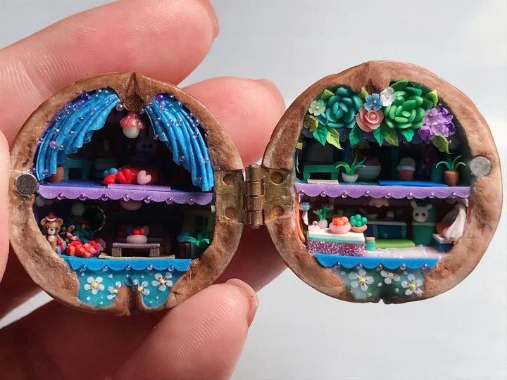 Lisslune | Handmade.Walnut Shell Doll House--Mini Library, Tiny World Inside Walnuts