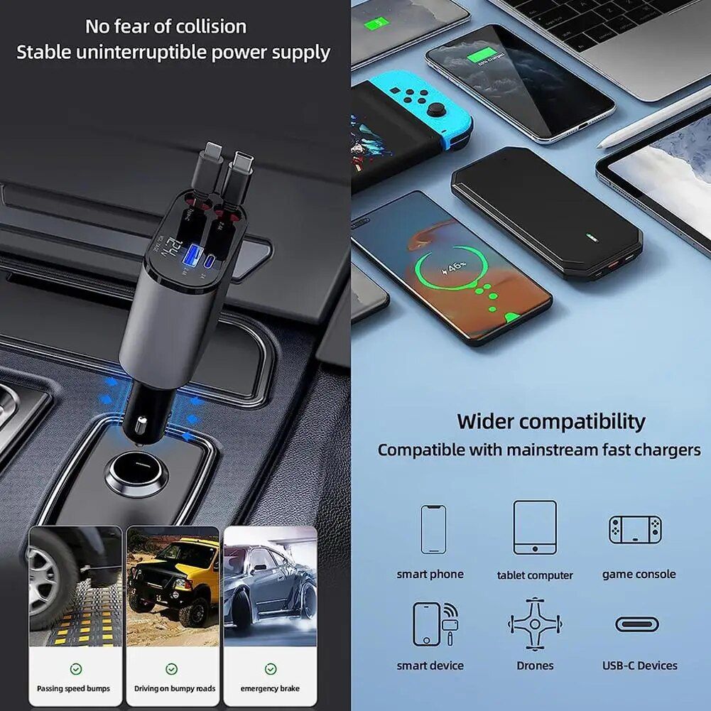 Lisslune | High-Speed 4-in-1 Retractable Car Charger with Dual USB, Type-C & Lightning Cables