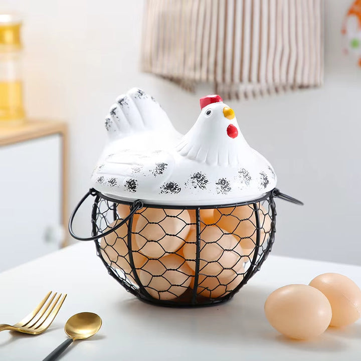 Lisslune | Ceramic Egg Holder Chicken with Wire Basket