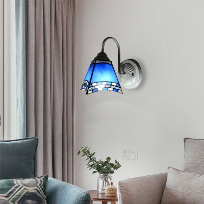 Lisslune | 1 head living room wall lamp Mediterranean white wall lamp with pyramid blue glass shade