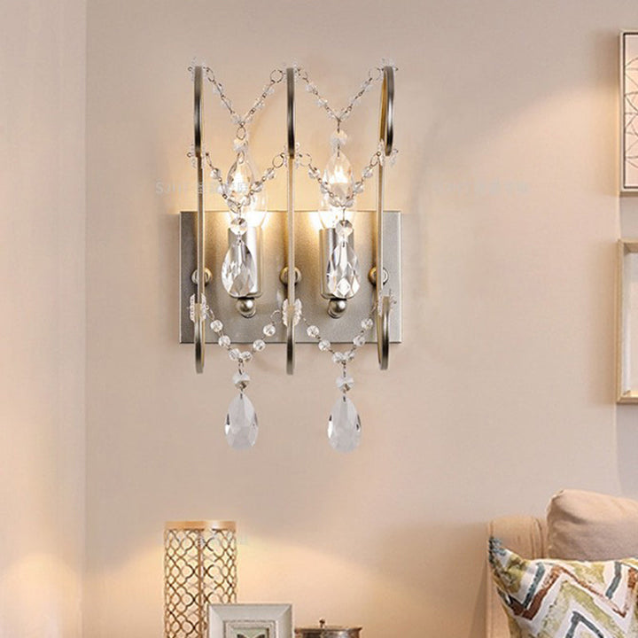 Lisslune | 2-Light Crystal Strand Wall Lamp Contemporary Silver Bar Bedroom Wall Mount Light