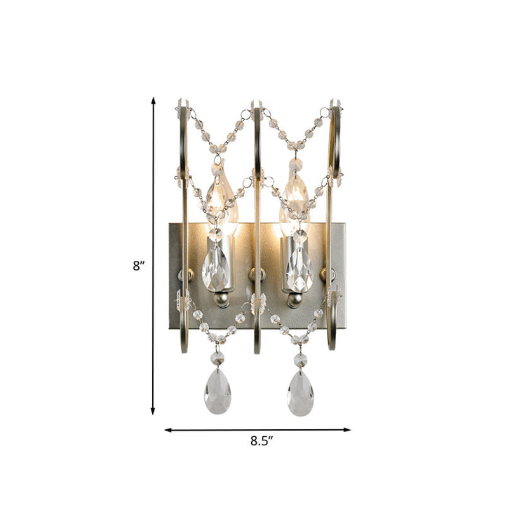 Lisslune | 2-Light Crystal Strand Wall Lamp Contemporary Silver Bar Bedroom Wall Mount Light