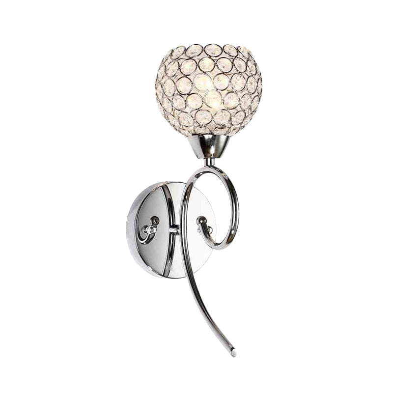 Lisslune | Hemisphere Crystal Wall Lamp Modern Stylish 1 Head Corner Wall Light with Scroll Arm in Chrome
