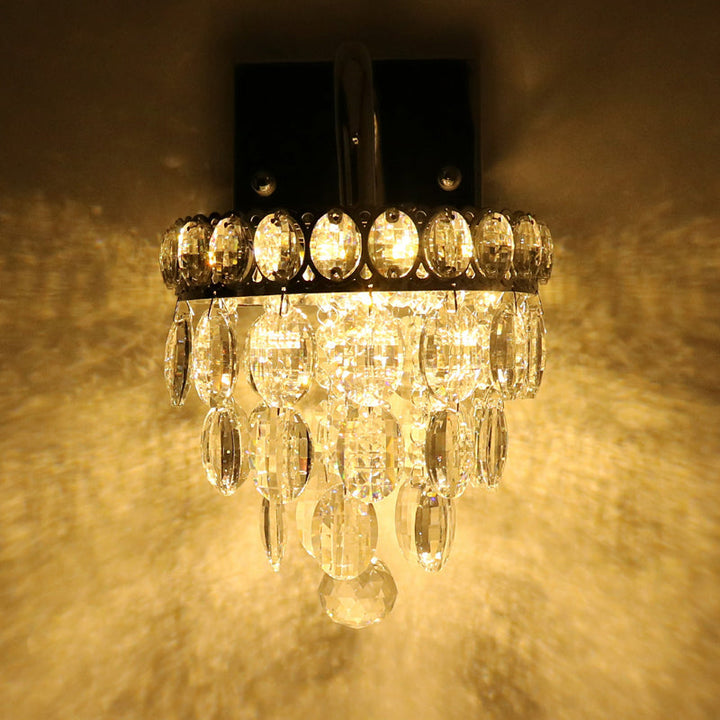Lisslune | Fringe LED Wall Lighting Ideas Modern Chrome Faceted Crystal Wall Lamp with Scroll Arm