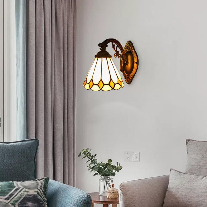 Lisslune | Cone Mini Wall Lamp with Ribbed Lampshade 1 Light Art Glass Tiffany Wall Lighting in Brass