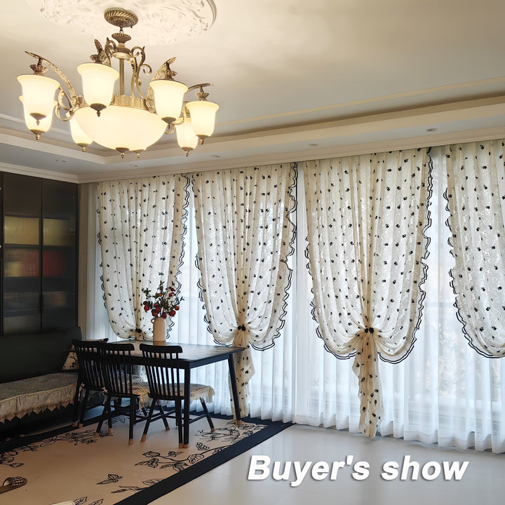 Rynx | Elegant French Romantic Rose Embroidered Curtains - 2 Piece Set, Beige & Cream Ruffle Design for Living Room and Bedroom, Light Filtering Rod Pocket Curtains