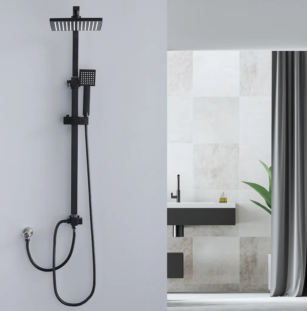 Lisslune | Shower system Black Rain shower Shower set without faucet with overhead shower Hand shower Shower column Shower system with diverter angular Shower column for bathroom, black