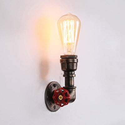 Lisslune | Metallic Bronze Wall Lamp with Pipe Shade 1 Head Vintage Industrial Wall Light with Red Valve Decor