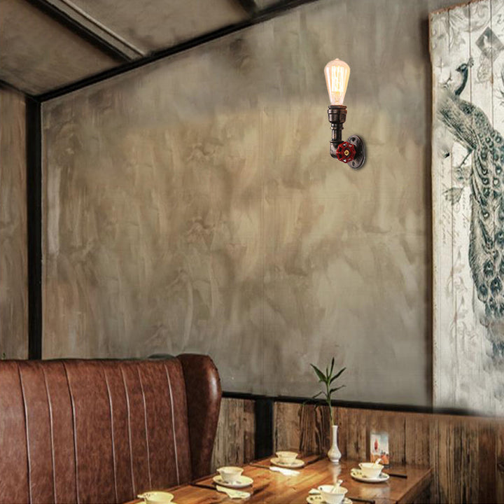 Lisslune | Metallic Bronze Wall Lamp with Pipe Shade 1 Head Vintage Industrial Wall Light with Red Valve Decor