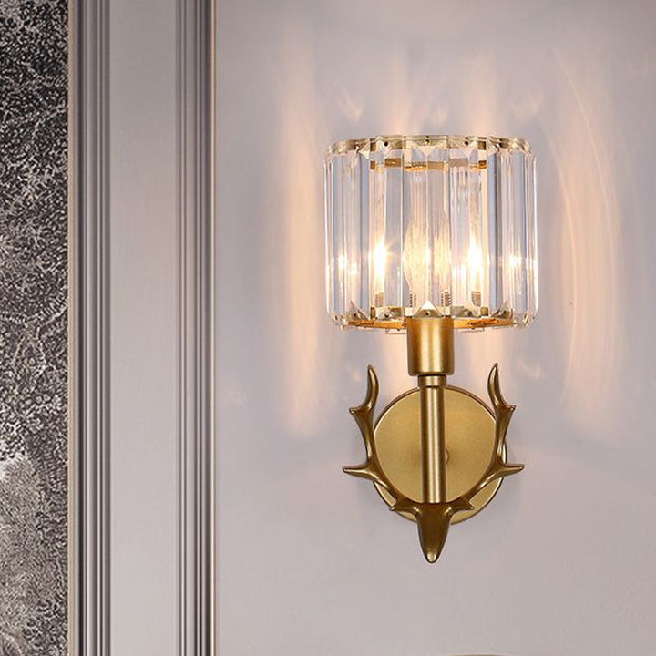 Lisslune | Clear Crystal Cylinder Wall Light Contemporary 1 Bulb Living Room Wall Light in Gold with Guede Decoration