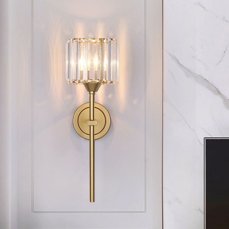 Lisslune | Simplicity Cylindrical Wall Lamp 1 Head Clear Crystal Block Wall Lamp in Gold with Pencil Arm