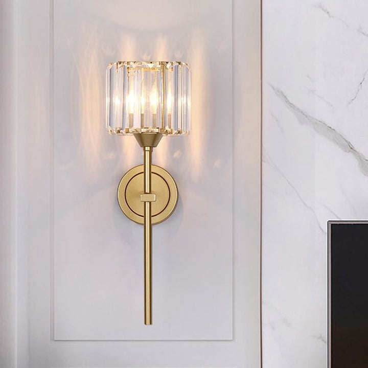 Lisslune | Simplicity Cylindrical Wall Lamp 1 Head Clear Crystal Block Wall Lamp in Gold with Pencil Arm