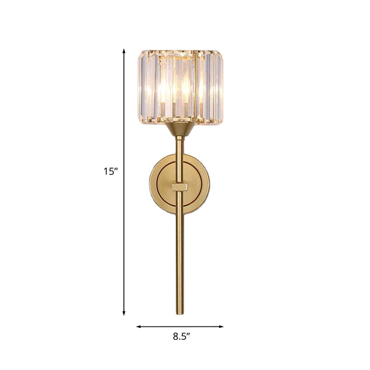 Lisslune | Simplicity Cylindrical Wall Lamp 1 Head Clear Crystal Block Wall Lamp in Gold with Pencil Arm