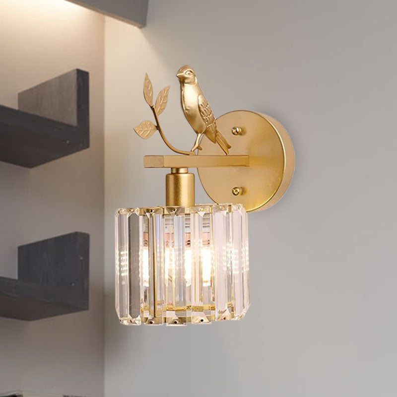 Skørter | Black/Gold 1 Lamp Wall Lamp Minimalism K9 Crystal Cylindrical Wall Lighting with Bird Decoration