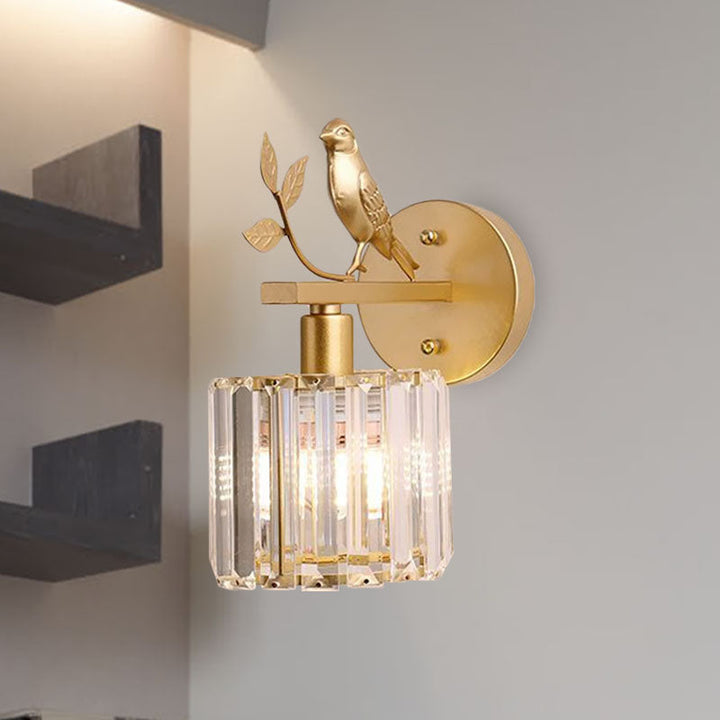 Skørter | Black/Gold 1 Lamp Wall Lamp Minimalism K9 Crystal Cylindrical Wall Lighting with Bird Decoration