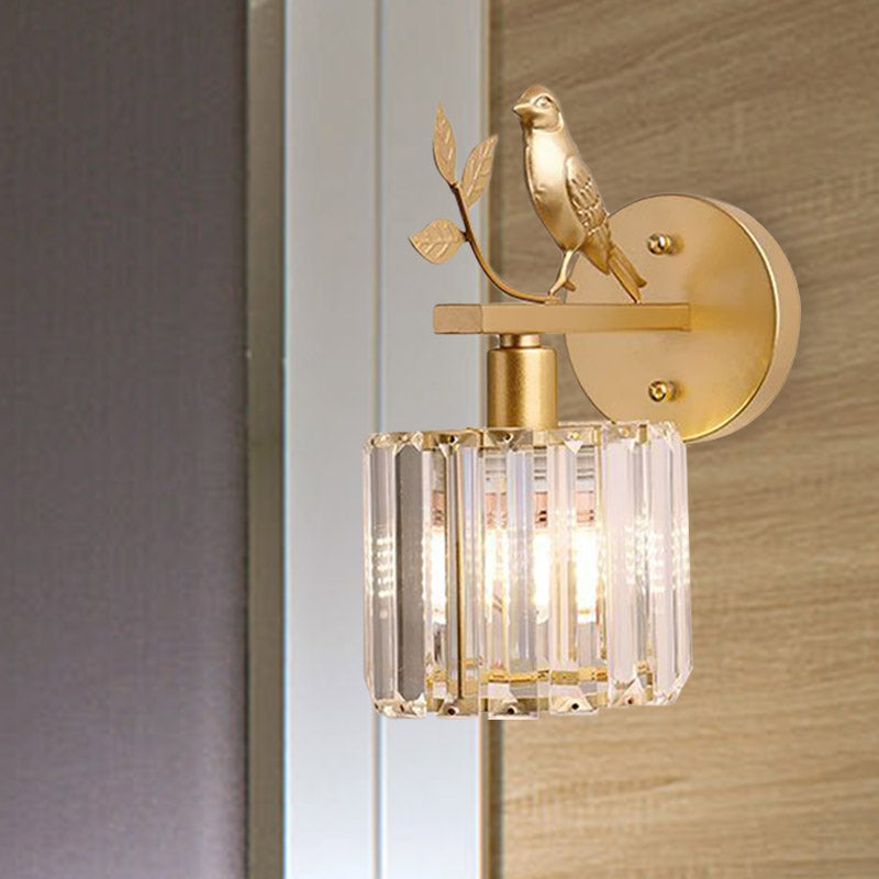 Skørter | Black/Gold 1 Lamp Wall Lamp Minimalism K9 Crystal Cylindrical Wall Lighting with Bird Decoration