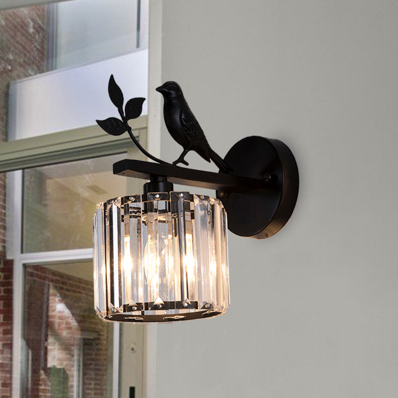 Skørter | Black/Gold 1 Lamp Wall Lamp Minimalism K9 Crystal Cylindrical Wall Lighting with Bird Decoration
