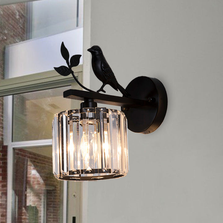 Skørter | Black/Gold 1 Lamp Wall Lamp Minimalism K9 Crystal Cylindrical Wall Lighting with Bird Decoration