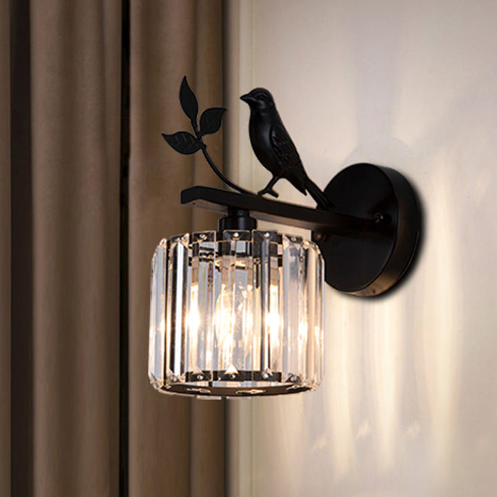 Skørter | Black/Gold 1 Lamp Wall Lamp Minimalism K9 Crystal Cylindrical Wall Lighting with Bird Decoration