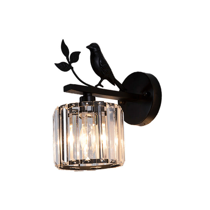 Skørter | Black/Gold 1 Lamp Wall Lamp Minimalism K9 Crystal Cylindrical Wall Lighting with Bird Decoration