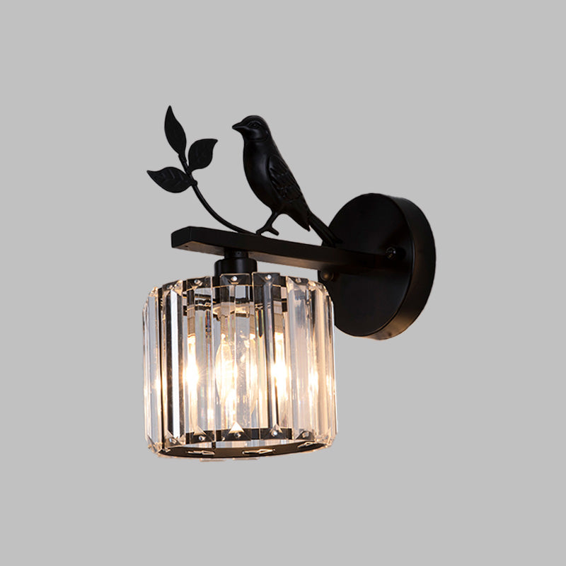 Skørter | Black/Gold 1 Lamp Wall Lamp Minimalism K9 Crystal Cylindrical Wall Lighting with Bird Decoration