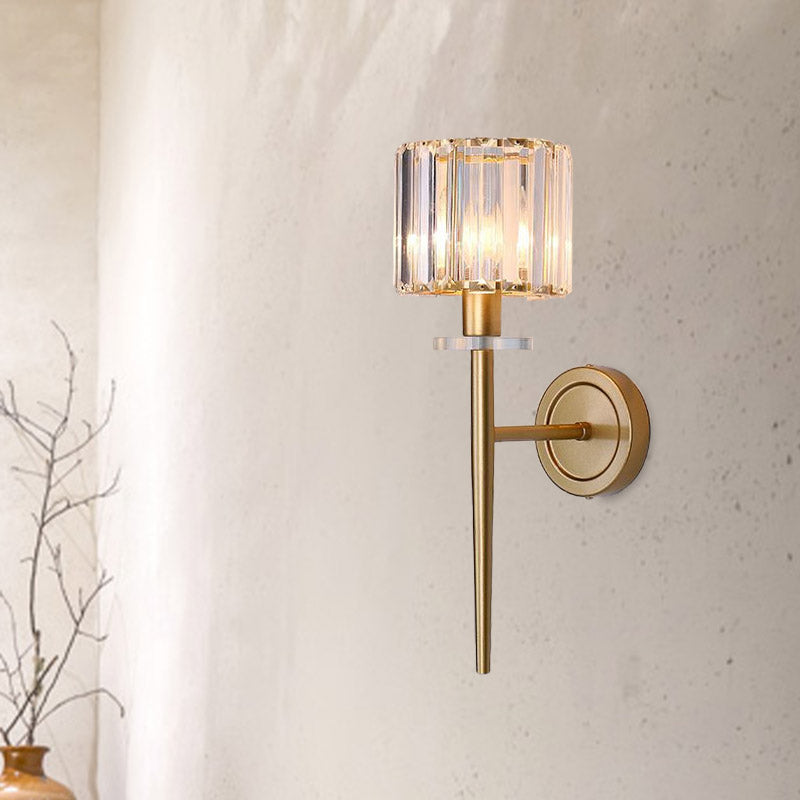 Skørter | Crystal Block Gold Wall Light Cylindrical 1 Light Simple Wall Light with Iron Pencil Arm