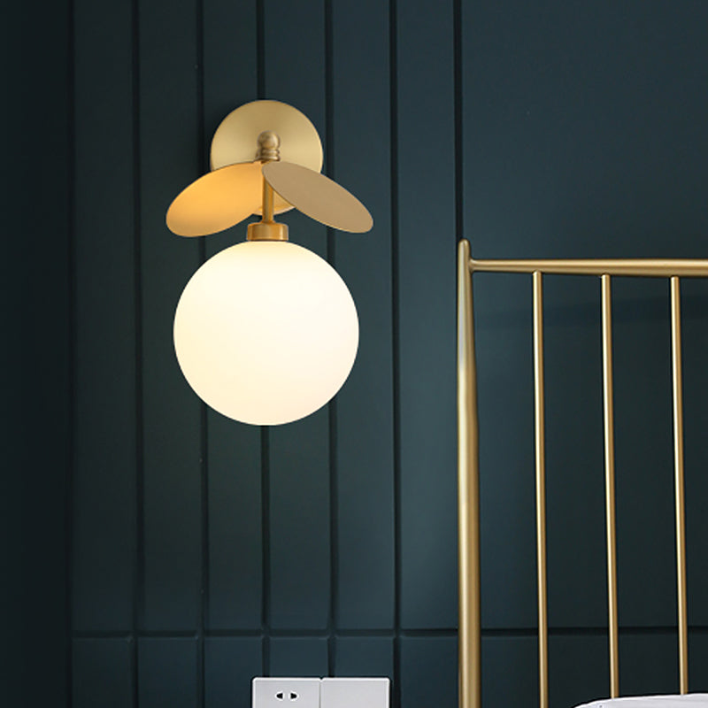 Lisslune | Postmodern Globe/Oval Wall Lamp Cream Glass 1 Light Wall Lamp for Bed in Brass with Leaf Decor