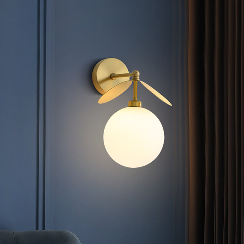 Lisslune | Postmodern Globe/Oval Wall Lamp Cream Glass 1 Light Wall Lamp for Bed in Brass with Leaf Decor