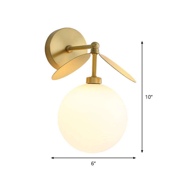Lisslune | Postmodern Globe/Oval Wall Lamp Cream Glass 1 Light Wall Lamp for Bed in Brass with Leaf Decor