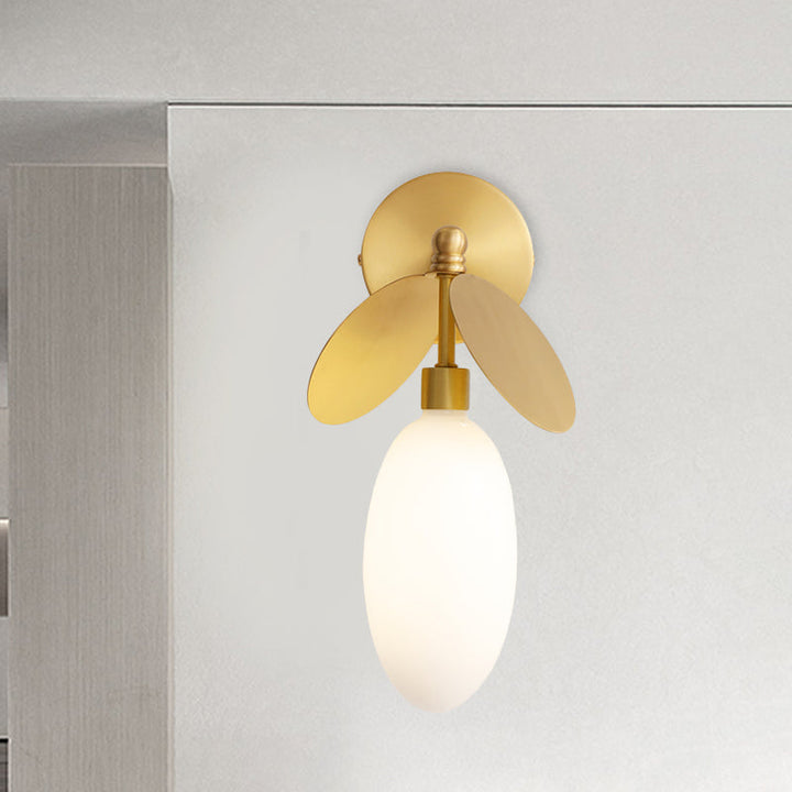 Lisslune | Postmodern Globe/Oval Wall Lamp Cream Glass 1 Light Wall Lamp for Bed in Brass with Leaf Decor