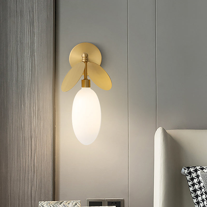 Lisslune | Postmodern Globe/Oval Wall Lamp Cream Glass 1 Light Wall Lamp for Bed in Brass with Leaf Decor