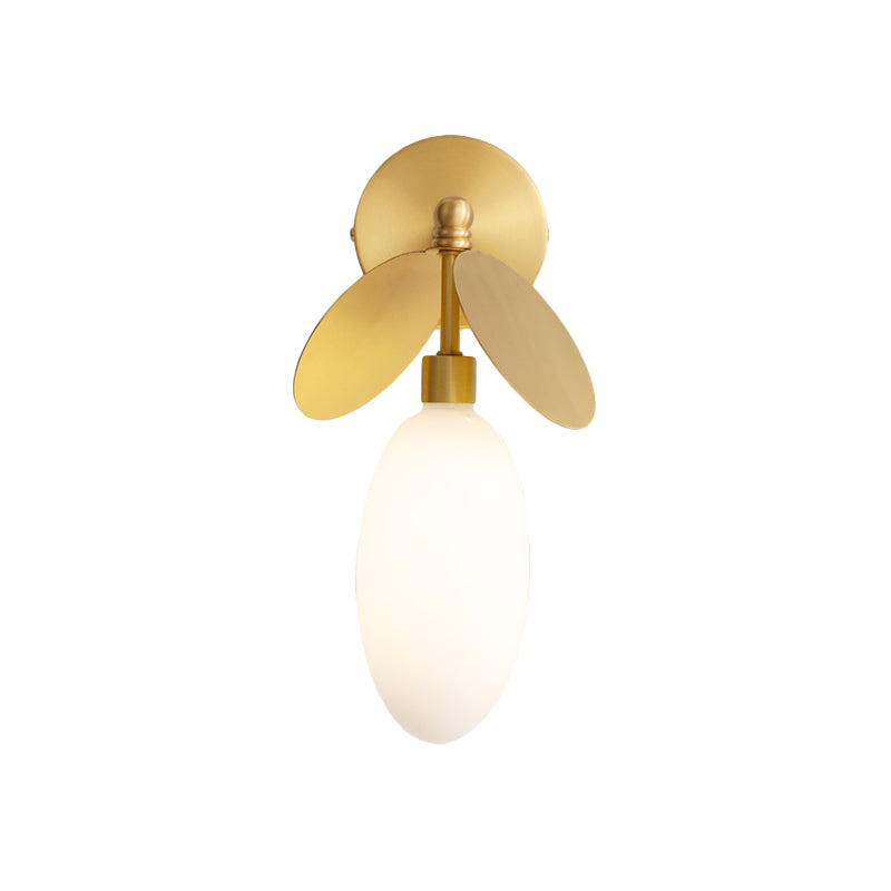 Lisslune | Postmodern Globe/Oval Wall Lamp Cream Glass 1 Light Wall Lamp for Bed in Brass with Leaf Decor